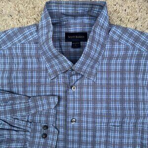 Scott Barber Shirt Mens Large Blue Brown Plaid Button Up Long Sleeve Cotton